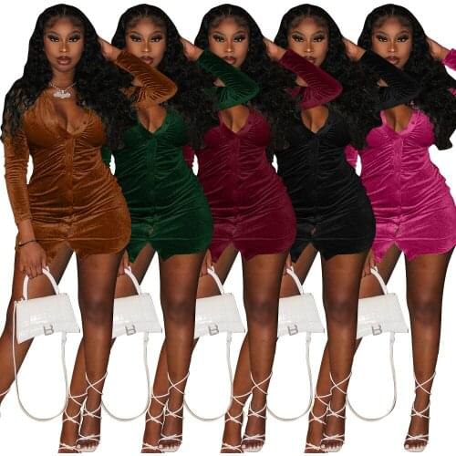Casual Women Dress Velvet Deep V-neck Bodycon Mini Dress Full Sleeve High Streetwear Clothes For Women Vestidos