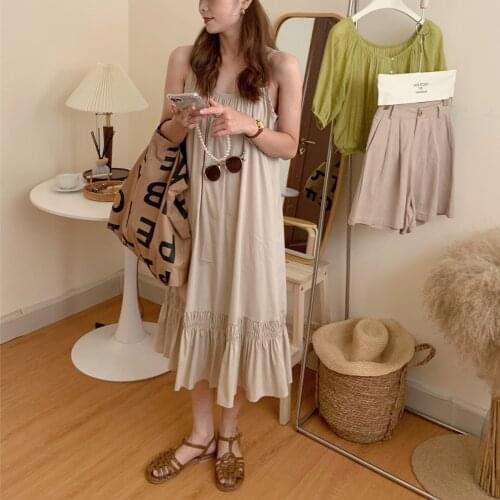 2021 New Women Summer Elegant Spaghetti Strap Dress Sleeveless Loose Waisted Beach Dresses Folds Pullover Midi Sundress