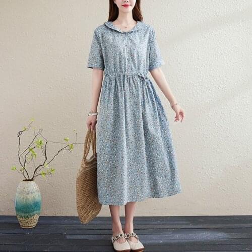 Women Cotton Linen Casual Dress New 2021 Summer Vintage Style Peter Pan Collar Loose Ladies Elegant A-line Long Dresses B038