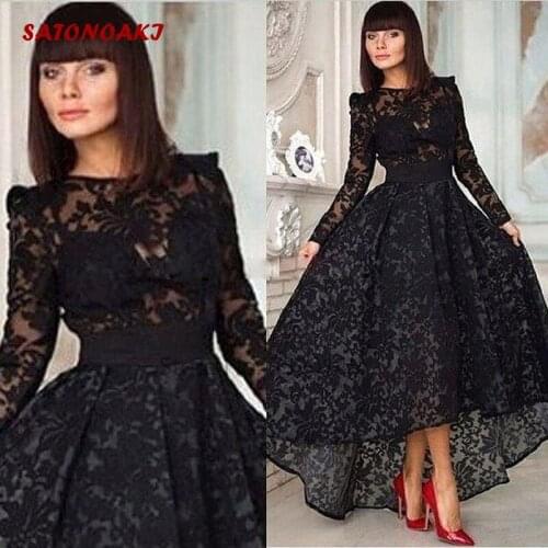 2020 Evening Dress Black Lace A Line With Long Sleeve Hi-Lo Jewel Neckline Formal Prom Party Special Occasion Undefined Mariage