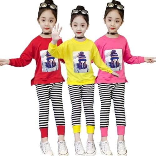 3 Color High-quality Pure Cotton Clothing Set For Girl Cartoon Girl Pattern Shirt + Zebra Striped leggings 2Pcs Children Clothes