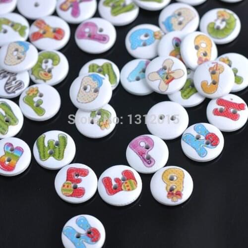 50pcs 15mm 2 Holes Mixed cartoon letter alphabet painted Round Wooden buttons For Sewing Scrapbooking Crafts B1215-9X