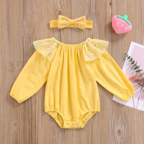 Autumn New Born Girl Bodysuit Long Sleeve Floral Printed Elastic Cuff Bodysuit with Printed Hairband Baby Clothing