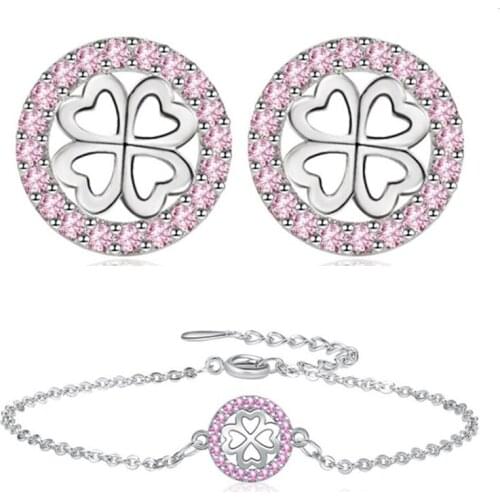 Charm Crystal Pink Clover Bracelet Earrings Set For Women Jewelry Trend Silver 925 Girls Earring Bangle Accessories Shiny Stones