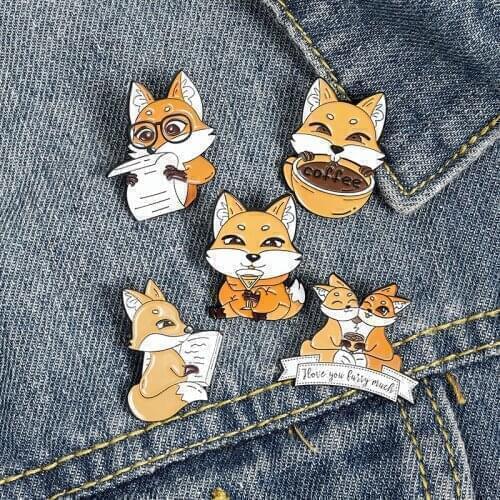 1Pcs Harajuku Cute Animal Fox Brooch Drinking Coffee Reading Fox Clothes Badge Kids Women Backpack Icon Brooches Pins
