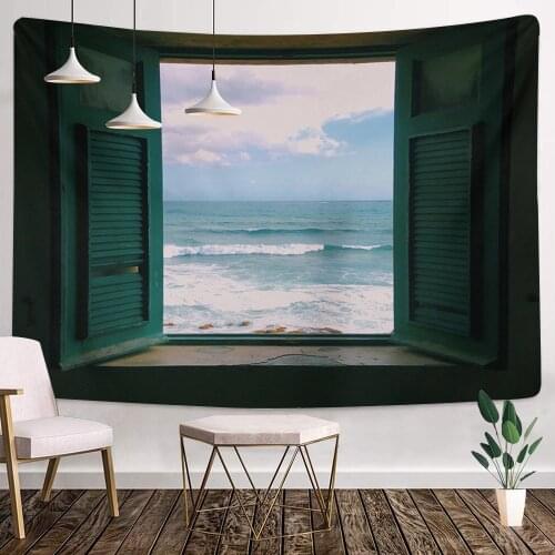 Sea Outside The Window Tapestry Hippie Wall Hanging Starry Night Sky Moon Tapestries Psychedelic Wall Cloth Carpet Ceiling
