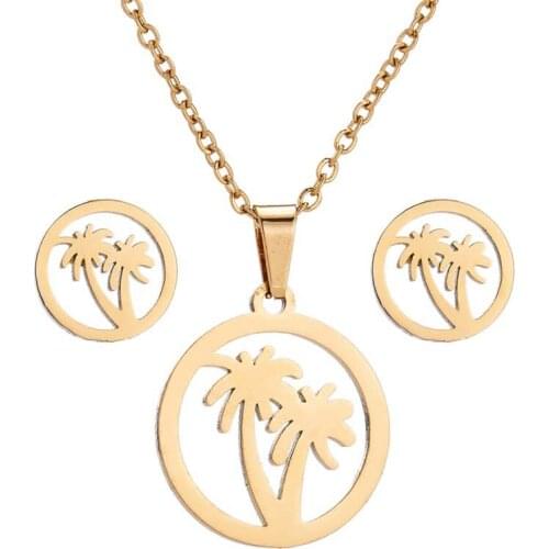 AsJerlya Stainless Steel Jewelry Sets Summer Beach Style Tropical Coconut Trees Charm Necklace Earrings for Women Girls Gift