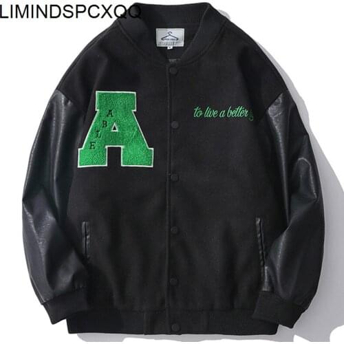 2021 Varsity Jacket Men Furry Letter Embroidery Hip Hop Patchwork Color Block Harajuku Mens Fashion College Bomber Jacket Unisex