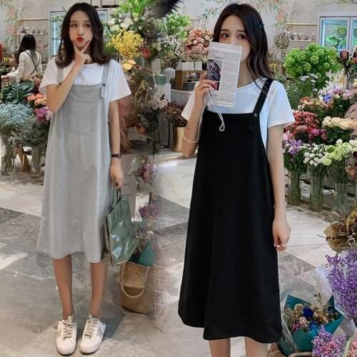 2019 Summer Maternity Dress Suits Comfortable Shoulder-strap Cotton Dress+short SleeveT-shirt Pregnant Women Clothes Set Twinset