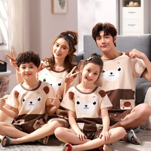 Summer Parentage Pajamas Family Matching Homewear Bear T Shirt Shorts Couples Sleepwear Suits Cute Cotton Dinosaur Sets