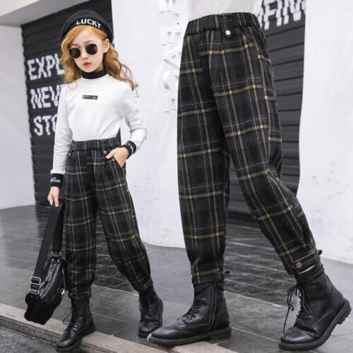 Fashion New Autumn Winter Baby Girls Casual Pants Plus Velvet Plaid Mid Waist Long Trouser For Teenager Girl 3 4 6 8 10 12Yrs
