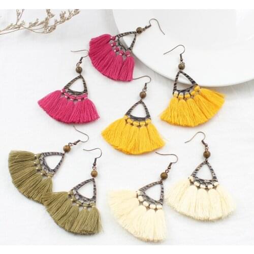 Fashion Design Textured Openwork Triangle Geometric Colorful Fringe Earrings Ethnic Fan Shape Sexy Bohemian Earrings Jewelry