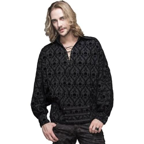 Gothic Punk T-shirts Men Long Sleeve Clothing New Casual Turn-down Collar Streetwear Retro Printed T-shirt Tops Rayon SHT020