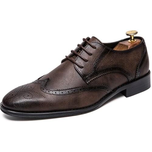 Mens Shoes 38-47 Brogue Leather Oxford Shoes Men Comfortable British Casual Lace-up Solid Formal Shoe Wedding Dress Footwear