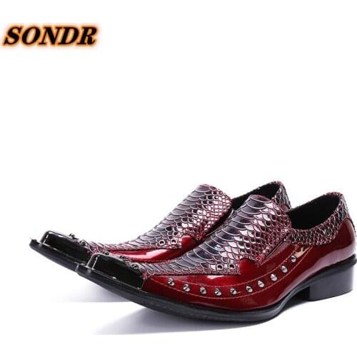 Iron Pointed Toe Men Genuine Leather Shoes Snake Skin Rivet Slip On For Men Dress Wedding Formal Oxford Shoes Calzado Hombre