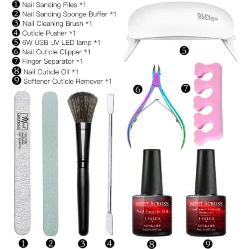 MEET ACROSS 9 Pcs Manicure Set WithUV Led Lamp Dryer Dust Brush Cleaning Buffer Sponge Nail File DIY Nail Art Tool