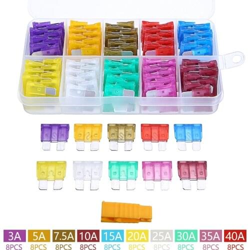 80pcs Mixed Fuse Kit 12V Standard Blade Van Car Fuses 3A 5A 7.5A 10A 15A 20A 25A 30A 35A 40A Amp Fuse with Puller