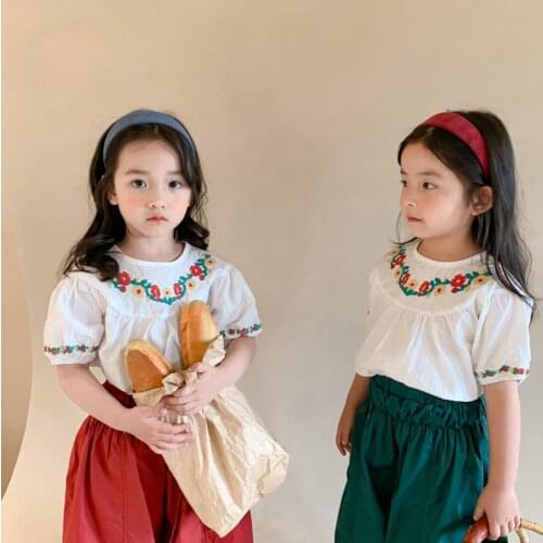 2021 new girls embroidery shirt cotton summer short sleeve kids top