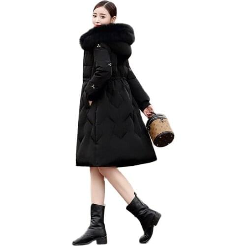 2021Miss Winter New Embroidery Down Cotton Clothes Mid-length Fur O6llar Receive Waist Draw Back Thicken Ladies Cotton Jacket