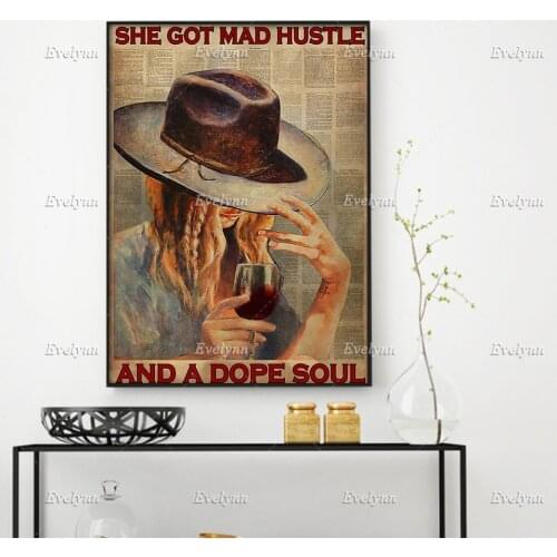Cowgirl And Wine Poster She Got Mad Hustle And A Dope Soul Poster Wall Art Prints Home Decor Canvas Unique Gift Floating Frame