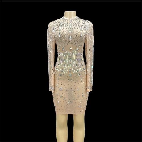 ZD Nude See Through Mesh Silver Crystals Dress Women Birthday Celebrate Transparent Long Sleeve Prom Sexy Stones Costume