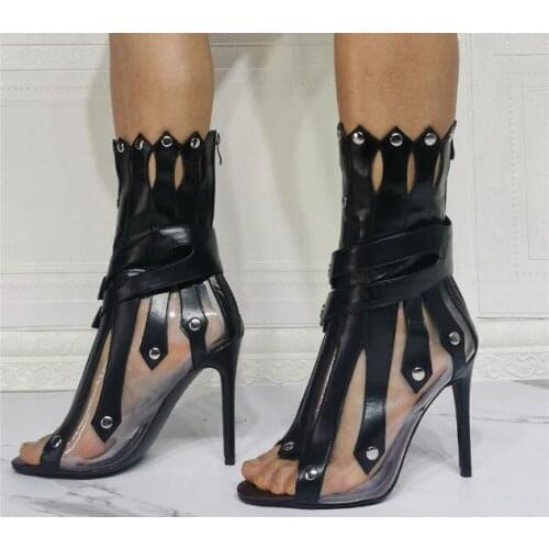 Drop Shipping Woman Sexy Black Leather Clear PVC Patchwork Rivets Peep Toe Short Boots Ladies Stiletto Heels Mid-calf Booties