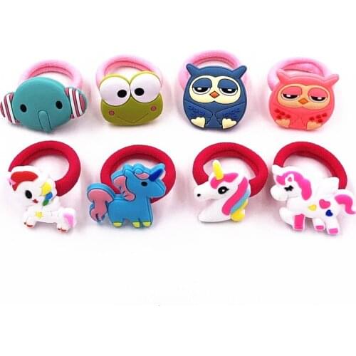 8Pcs Cartoon PVC Animal Unicorn Cute Owl Frog Elephant Hairband Elastic Rubber Bands Girls Hair Accessories For Kid Child Gift