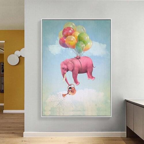 Pink Flying Elephant Balloon Wall Art Poster Cartoon Baby Nursery Animal Canvas Painting Nordic Kid Bedroom Decoration Picture