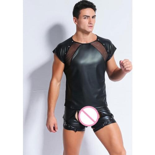 Sexy Men Plus Size Patchwork Gothic Mesh PU Faux Leather T-Shirt Shiny Punk T-Shirt Cool Men Tops Night Tight Shirts Gay Wear 32