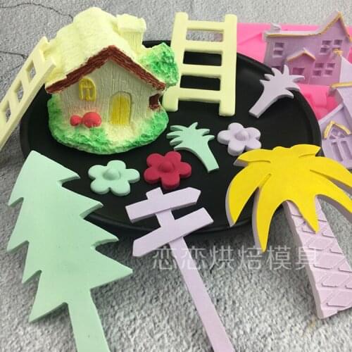 Ladder house small tree big tree road sign turn sugar silicone mold hand drop silicone mold cake decoration mold DIY baking tool