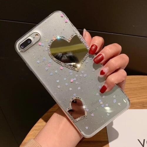 Bling Rhinestone Diamond Love Heart Makeup Mirror Case For iPhone 12 11 Pro Max X XR XS 7 8 Plus Case Glitter Soft Transparent