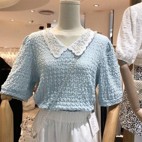 Loose Shirt 2021 New Womens Clothing Fashion Bead Doll Collar Puff Sleeve Pleated Temperament Top