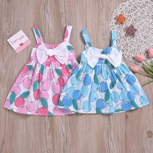Childrens Pleated Suspenders Bow Summer Princess Dress Pink Apple Fruit Dress