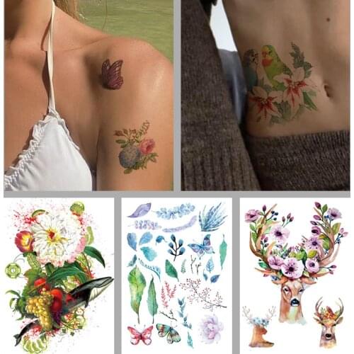 3D Flower Temporary Tattoos Sticker For Women Girl Wolf Deer Geometry Fake Tattoo Peony Dahlia Body Art Adults Children Tatoos