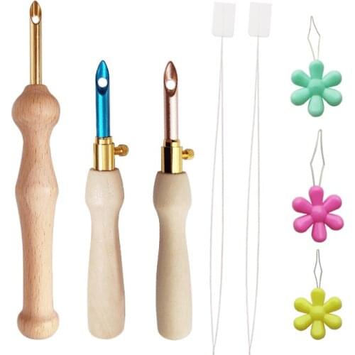 Knitting Embroidery Punch Threader Needle Pen Side Slit Sewing Accessories DIY Wooden Handle Weaving Tool Craft
