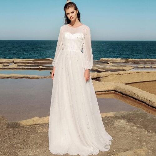Simple Summer Beach Tulle O-Neck Sweep Train Wedding High Quality Long Sleeve Pearls Bridal Gowns Vestido De Novia 2021