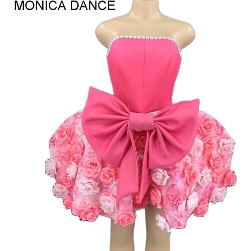 Sexy Stage Pink Rose Dress For Women Birthday Outfit Strapless Bubble Short Dress Prom Party Cosplay Gogo DJ Stage Costume