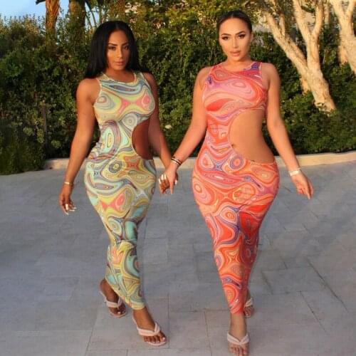 SUJYing Summer New Fashion Sexy leeveless Close-fitting Hollow Out Printed Womens Dress