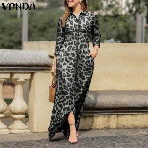 Spring Dress VONDA Women Lapel Collar Button Down Casual Long Sleeve Shirt Dresses Plus Size Spring Vintage Leopard Vestidos