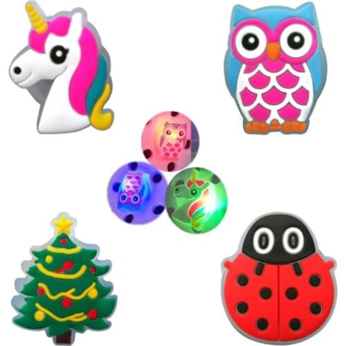 1pcs Unicorn Christmas Tree LED Lighted Flashing Shoe Charms Owl Ladybug Shoe Decoration For Boys Girls Croc JIBZ Fit Bracelets