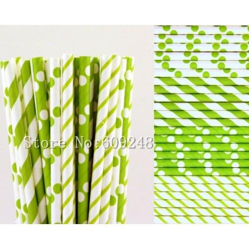 100pcs Drinking Paper Straws Mix,Lime Green Striped and Polka Dot,Wedding,Birthday Party,Cake Pop Sticks,St Patricks Day Retro
