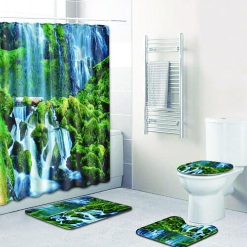 New Waterfall Scenery Waterproof Shower Curtain Bathroom Landscape Trees Flower Bath Mat Set Pedestal Rug Lid Toilet Cover 4pcs