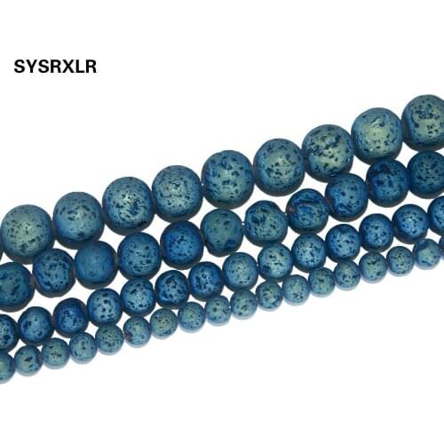 Free Shipping Natural Stone Electroplated Lake Blue Volcanic Lava Round Loose Beads for Jewelry Making DIY Bracelet 6/8/10/12 MM