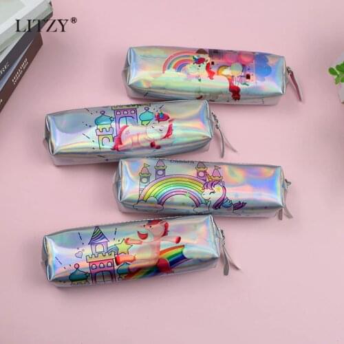 Pencil Case Unicorn Handles for Girl Boy Kawaii Stationery Rainbow Pencil Bag PU Zipper Holographic Laser Pen Box School Supply