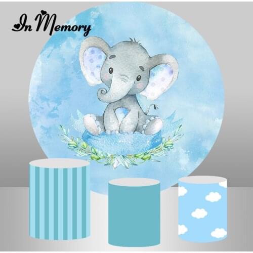 InMemory Elephant Baby Shower Newborn Round Backdrops For Photography Blue Boys 1st Birthday Party Backgrounds Plinth Covers