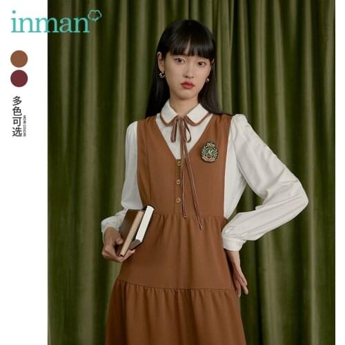 INMAN Autumn Womens Dress Tiered Vintage Sweet Fashion Color Contrast Pointed Collar Tether Collected Waist Two-Pieces Suit