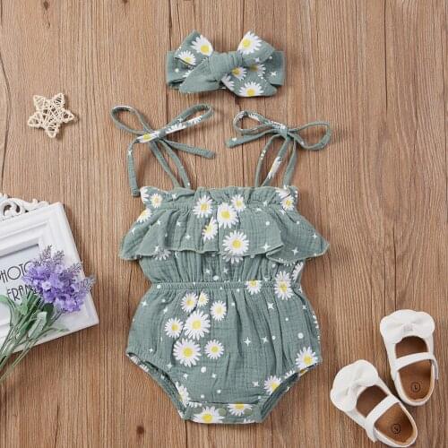 Sleeveless Floral Romper Toddler Baby Girls Flower Print Ruffled Bodysuit+ Hairband Newborn 0-24 Months Jumpsuits Summer Outwear