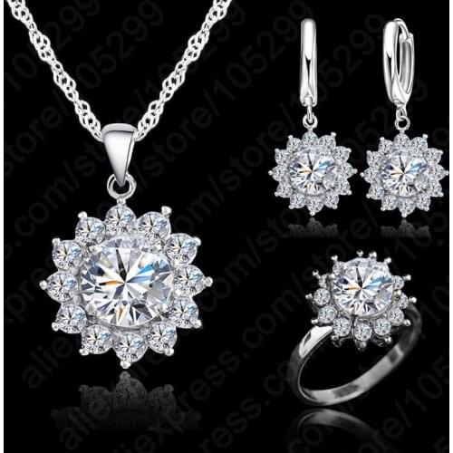 New Fashion Flower Sun Cubic Zirconia Genuine 925 Sterling Silver Jewelry Sets Earrings Pendant Necklace Rings Size5-9