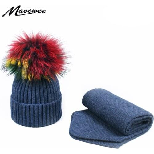 Womens Knitted Hat Scarf Set Children Winter Warm Wool Balaclava Cute Beanies for Baby Knit Scarves Natural Mink Fur Pompons