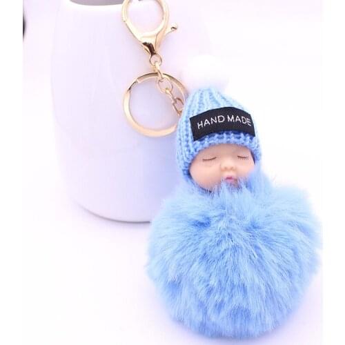 Cute Lovely Fluffy Sleeping Doll Keychain For Women Bag Faux Rabbit Fur Pompom Key Chains Sleutelhanger Pom Pom Holder Pompones
